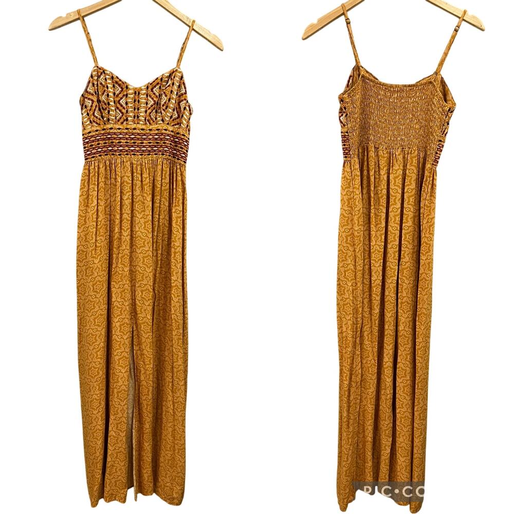Xhilaration Mustard Yellow Printed Maxi Dress with Smocked Bodice